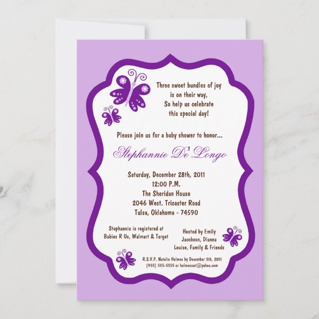 5x7 Light Purple Butterfly Baby Shower Invitation (Front)
