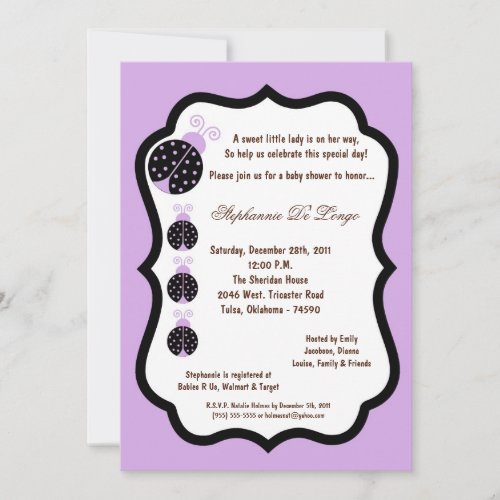5x7 Light Purple Lady Bug Baby Shower Invitation