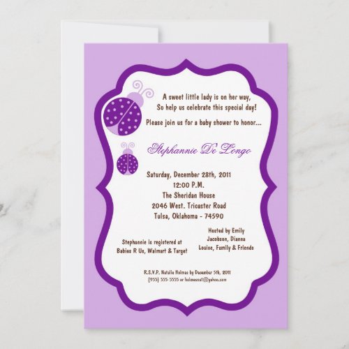 5x7 Light Purple Lady Bug Baby Shower Personalized Invitation