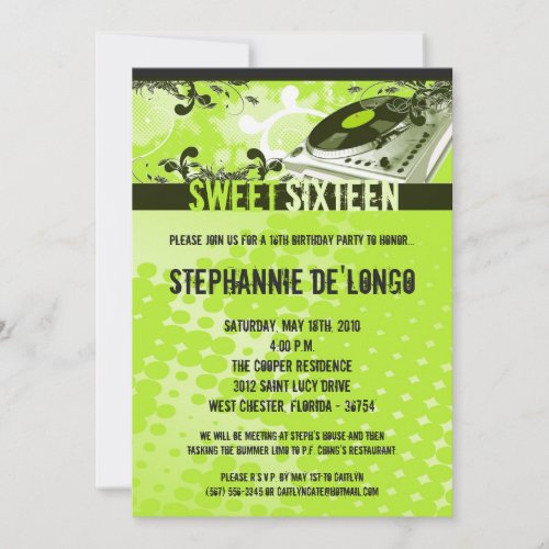 5x7 Lime Gree DJ Turntable16th Birthday Invitation