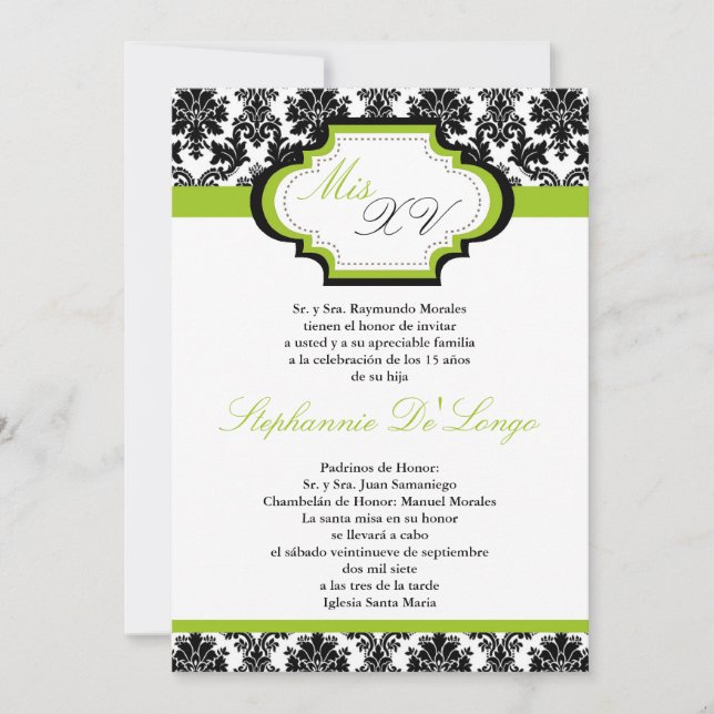 5x7 Lime Green Damask Quinceanera Invitation (Front)