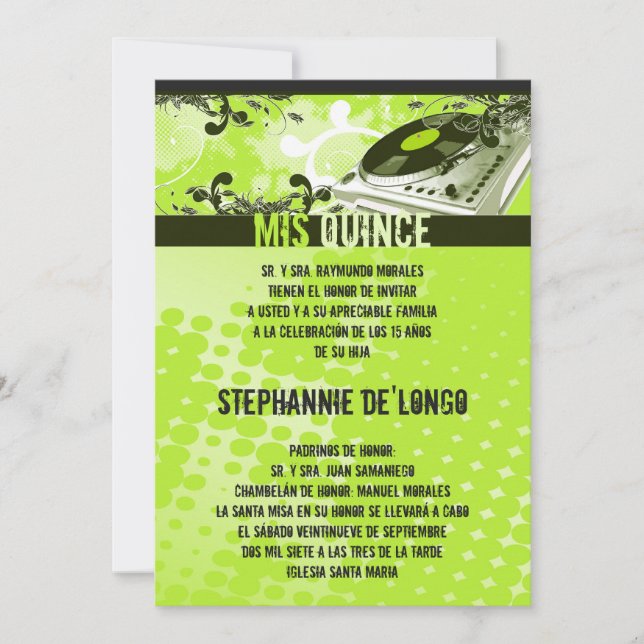 5x7 Lime Green DJ Turntable Quinceanera Invitation (Front)