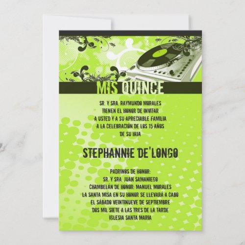 5x7 Lime Green DJ Turntable Quinceanera Invitation