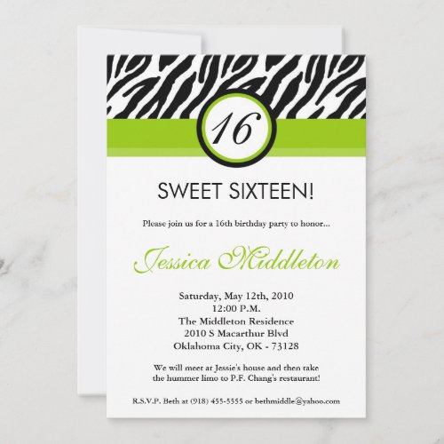 5x7 Lime Green Zebra 16th Birthday Invitation