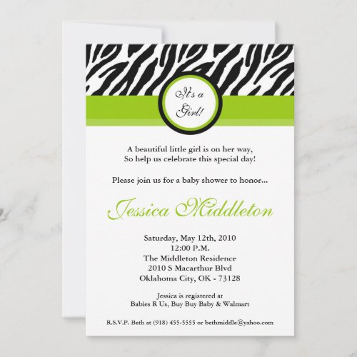 5x7 Lime Green Zebra Print Baby Shower Invitation