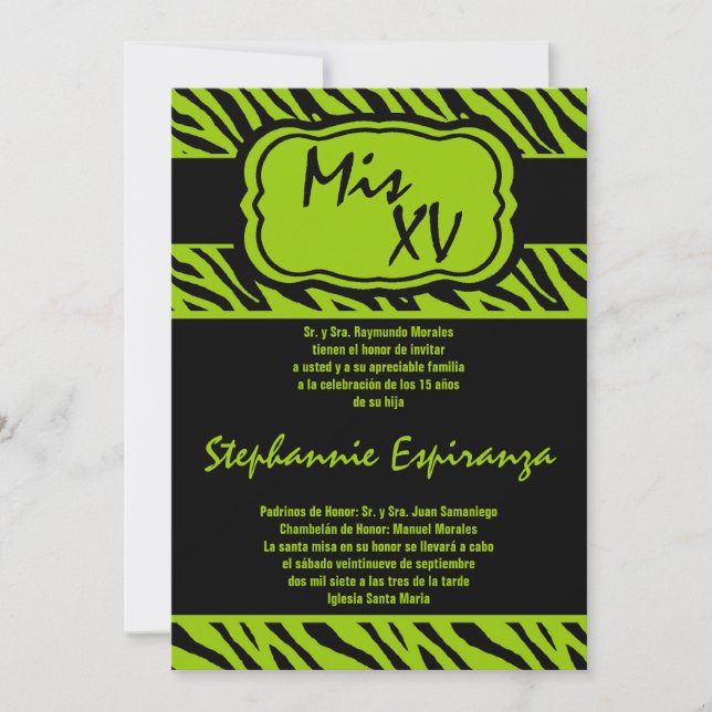 5x7 Lime Zebra Print Quinceanera 15 Invitation (Front)