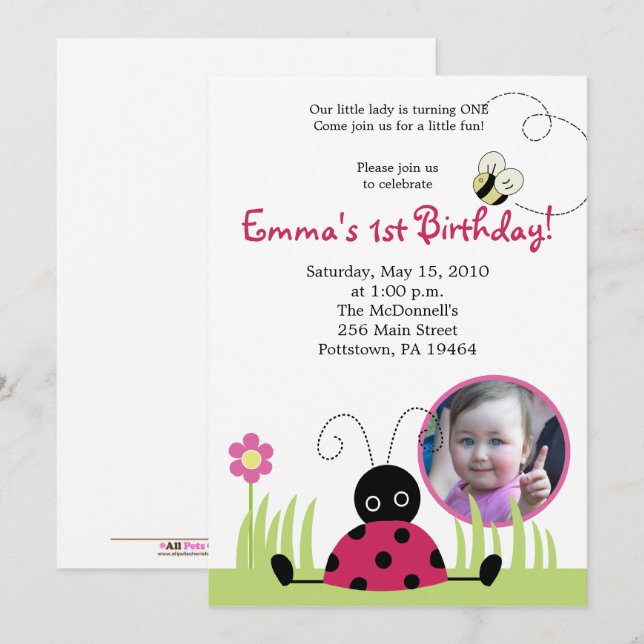 5x7 Little Ladybug *PHOTO* Spring Birthday Invitation (Front/Back)