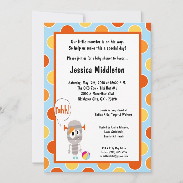 5x7 Little Monster  Baby Shower Invitation (Front)