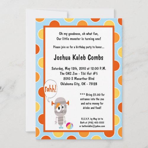 5x7 Little Monster  Birthday Party Invitation