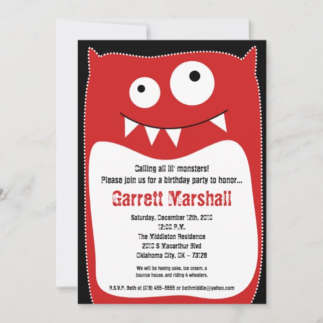 5x7 Little Monsters Birthday Invitation (Front)