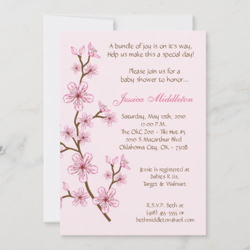 5x7 Lt Pink Cherry Blossom Baby Shower Invitation