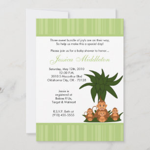 5x7  Mama and TRIPLET Monke Baby Shower Invitation