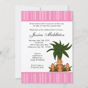 5x7  Mama and TRIPLET Monke Baby Shower Invitation