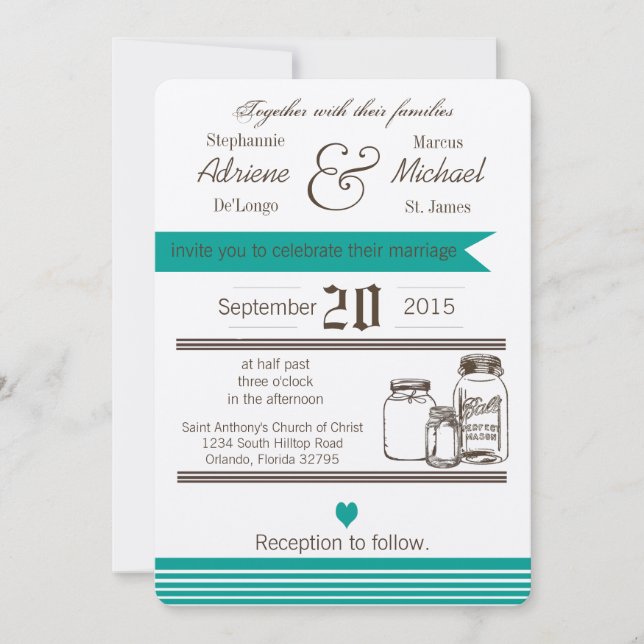 5x7 Mason Jar Country Rustic Wedding Invitation (Front)