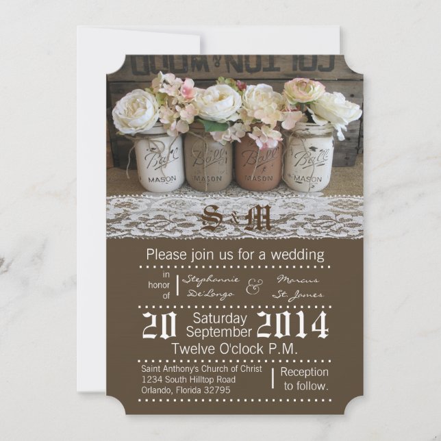 5x7 Mason Jar Roses Rustic Wedding Invitation (Front)