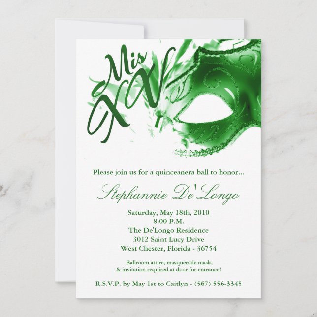 5x7 Masquerade Mask 15 Quinceanera Ball Invitation (Front)