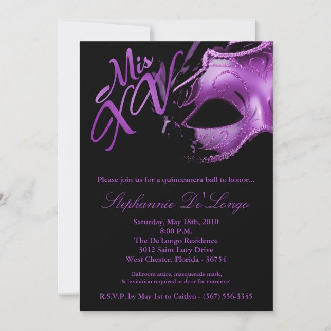 5x7 Masquerade Mask 15 Quinceanera Ball Invitation (Front)