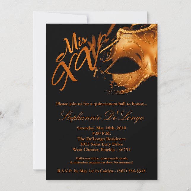 5x7 Masquerade Mask 15 Quinceanera Ball Invitation (Front)
