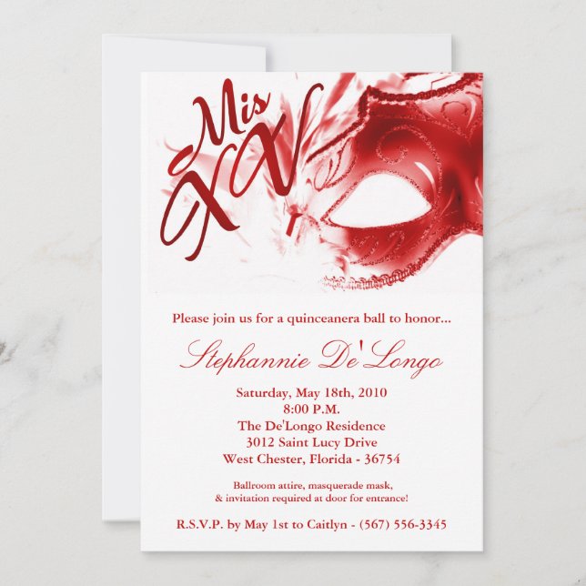 5x7 Masquerade Mask 15 Quinceanera Ball Invitation (Front)