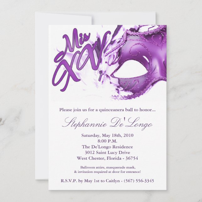 5x7 Masquerade Mask 15 Quinceanera Ball Invitation (Front)
