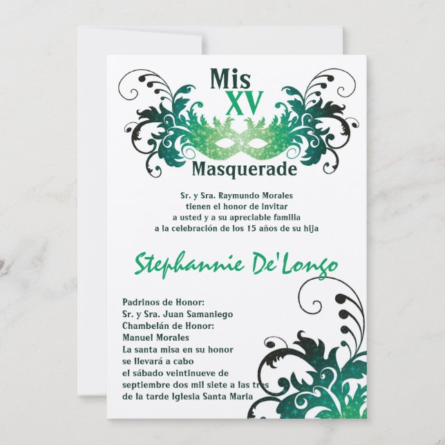 5x7 Masquerade Quinceanera Birthday Invitation (Front)