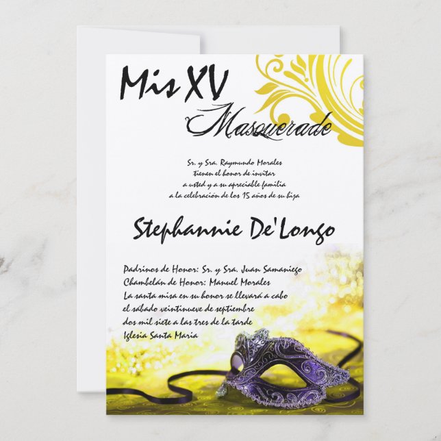 5x7 Masquerade Quinceanera Birthday Invitation (Front)