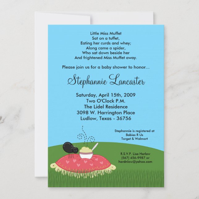 5x7 Miss Muffet Nursery Baby Shower Invitation (Front)