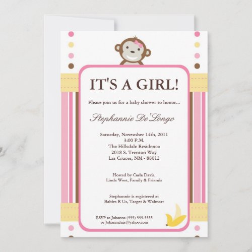 5x7 Mod Monkey Pink Jungle Baby Shower Invitation