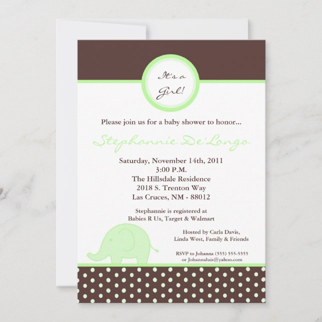 5x7 Mod Neut Green Elephant Baby Shower Invitation (Front)