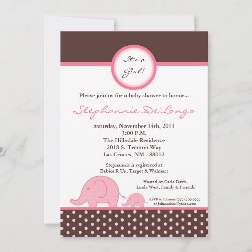 5x7 Mod Pink Girly Elephant Baby Shower Invitation