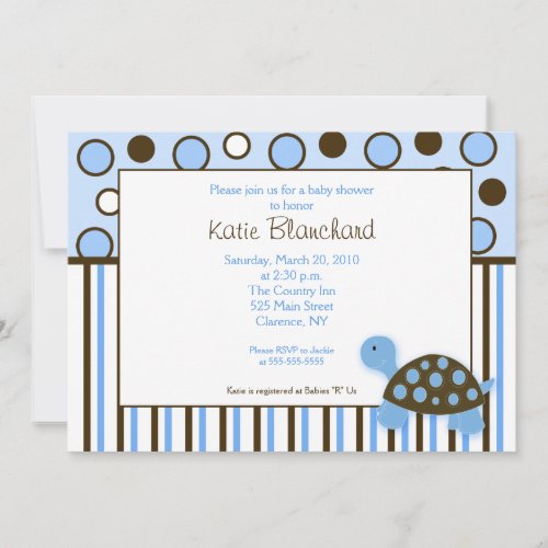 5x7 Mod Turtle Blue Trendy Dot Baby Shower Custom Invitations