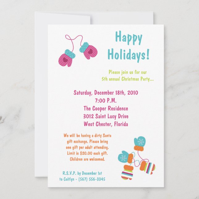 5x7 Modern Color Mitten Christmas Party Invitation (Front)