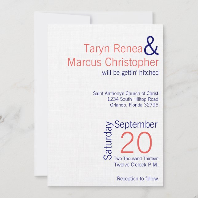 5x7 Modern Coral Navy Blue Chev Wedding Invitation (Front)