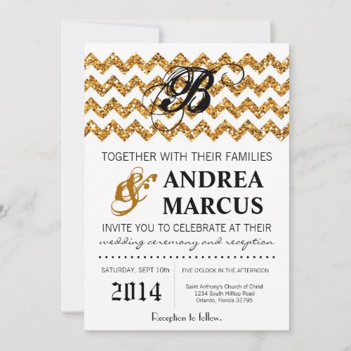 5x7 Modern Gold Glitter Chevron Wedding Invitation