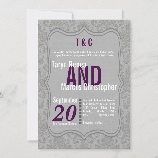 5x7 Modern Gray Damask Purple Wedding Invitation (Front)