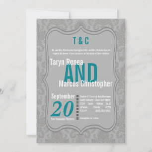 5x7 Modern Gray Damask Teal Wedding Invitation