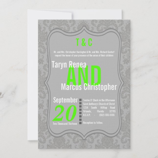 5x7 Modern Gray Neon Damask Wedding Invitation (Front)
