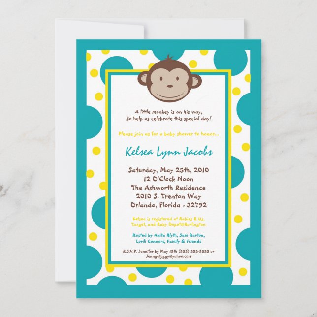 5x7 Modern Mod Monkey Baby Shower Invitation (Front)
