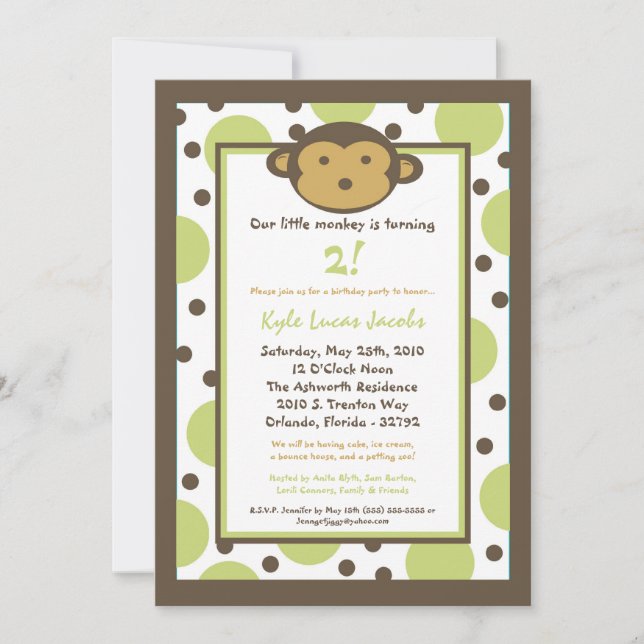 5x7 Modern Mod Monkey Birthday Party Invitation (Front)