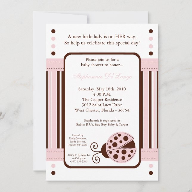 5x7 Modern Mod Pink LadyBug Baby Shower Invitation (Front)