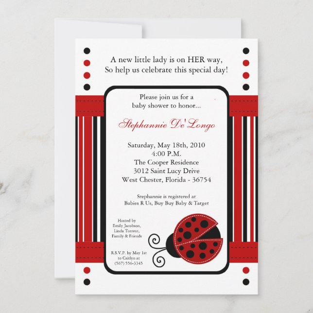 5x7 Modern Mod Red LadyBug Baby Shower Invitation (Front)
