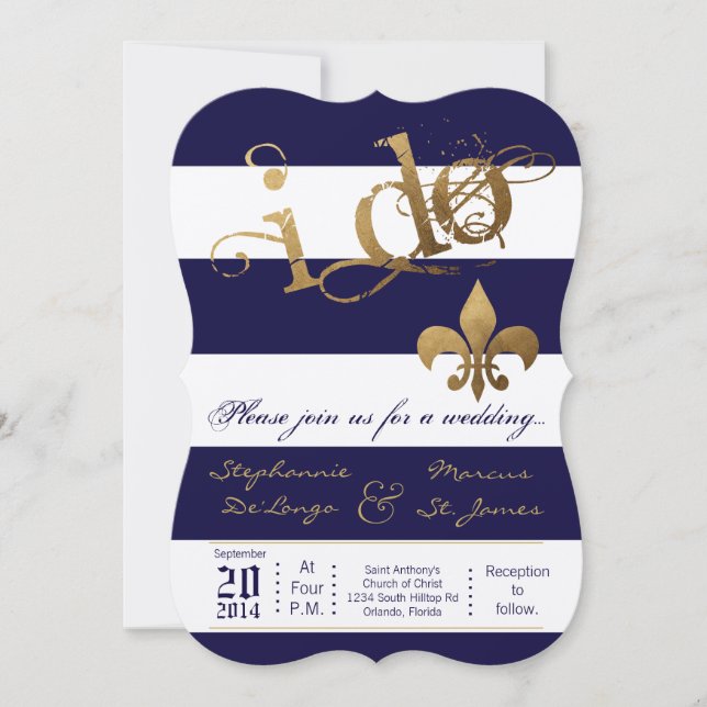 5x7 Modern Stripe Fleur De Leis Wedding Invitation (Front)