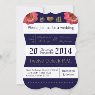 5x7 Modern Stripe Navy Floral Wedding Invitation