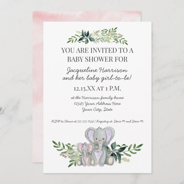 5x7 Mommy Baby Elephant Foliage Blush Pink Shower Invitation (Front/Back)