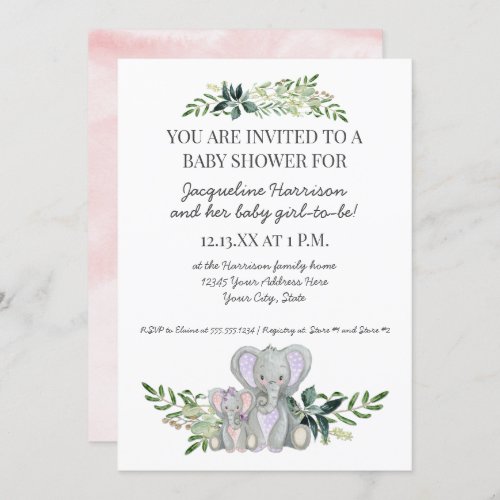 5x7 Mommy Baby Elephant Foliage Blush Pink Shower Invitation