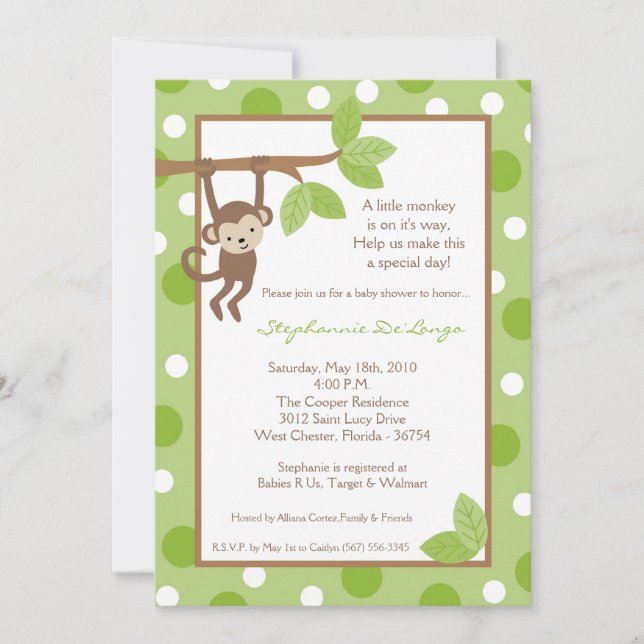 5x7 Monkey Jungle Safari Baby Shower Invitation (Front)