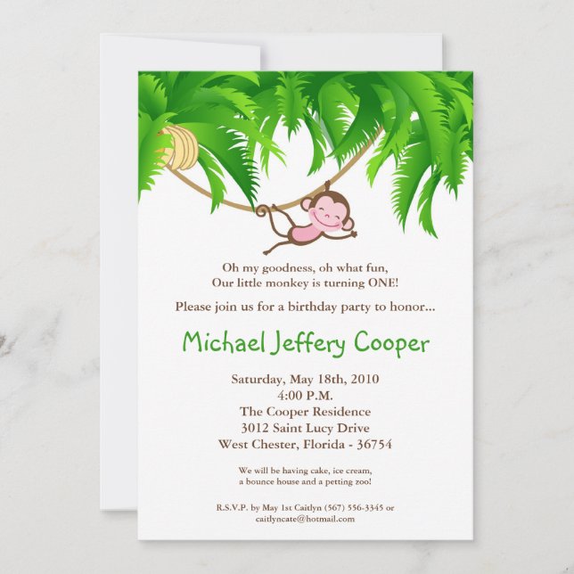 5x7 Monkey Jungle Safari Birthday Party Invitation (Front)