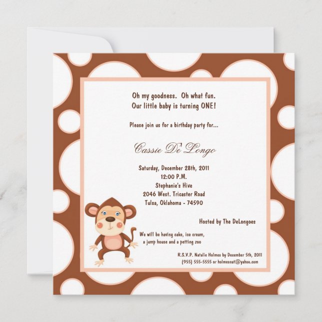 5x7 Monkey Pok-a-Dot Birthday Party Invite (Front)