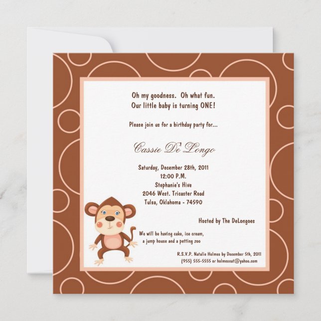 5x7 Monkey Pok-a-Dot Birthday Party Invite (Front)