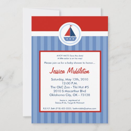 5x7 Nautic Sailor Sail Boat Baby Shower Invitation